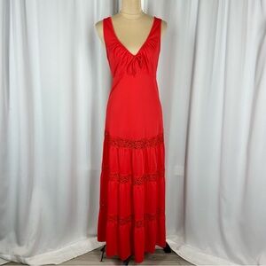 Vtg ShadowLine Slip Dress Gown Sz M Red Satin Lace V Neck Tiered Nightgown EUC!